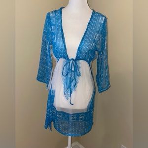 Paradise Swim Coverup Dress XS-S Sheer white & turquoise